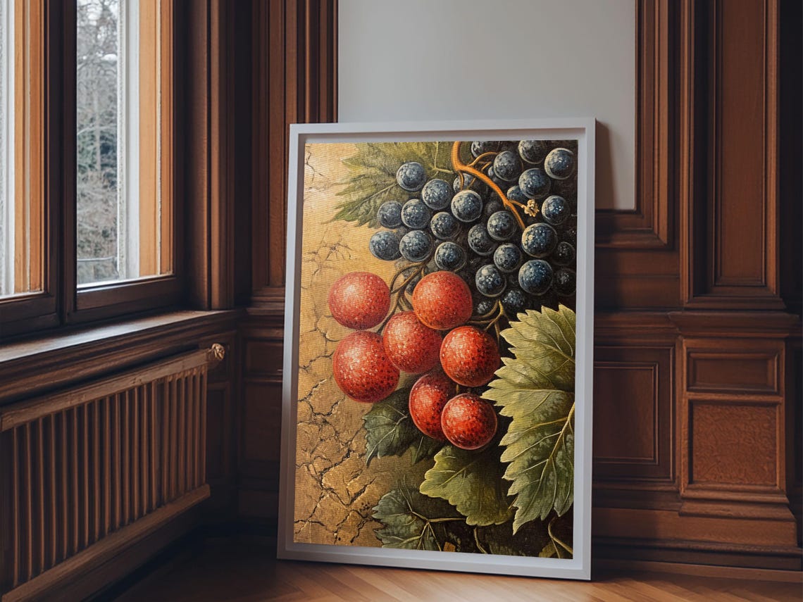 Antique Red And Blue Grape Vine Fruit Still Life Oil Painting Poster - Image 4
