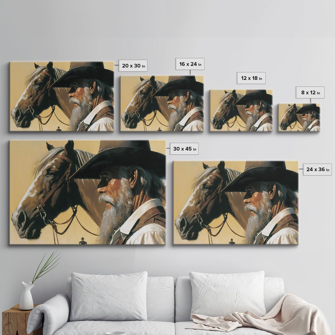 Old Bearded Cowboy With Horse Vintage Western Oil Painting Poster - Image 2