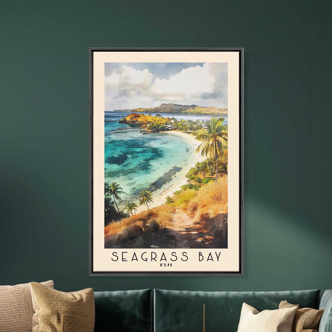 Seagrass Bay Fiji Coral Reef Turquoise Bay Aerial Palm Coast Travel Poster - Image 5