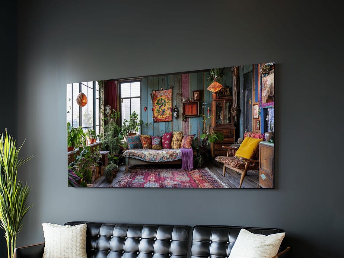 Boho Living Room Interior Daybed Plants Rustic Cottage Cozy Art Print - Image 4