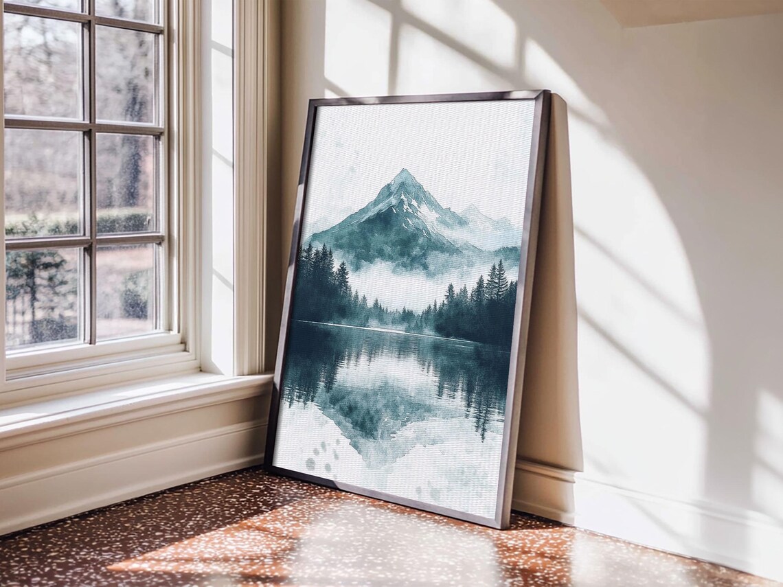 Fog In The Mountains Framed Print Pacific Northwest Cascade Mountains Emerald Green Landscape Painting Boho Decor - Image 3