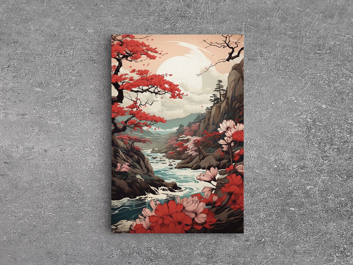Japanese Maple Tree Over Stream, Japanese Art Print
