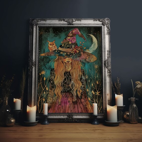 Witch Floral Hat Owl Crescent Moon Starry Night Watercolor Poster