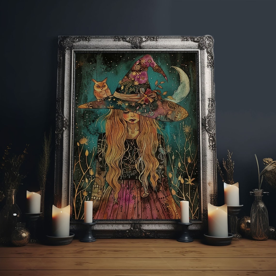 Witch Floral Hat Owl Crescent Moon Starry Night Watercolor Poster