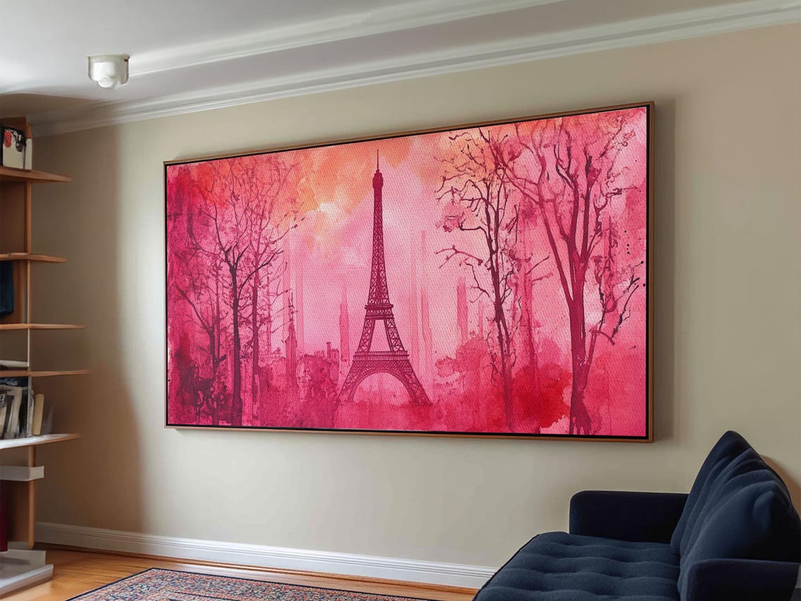 Eiffel Tower Paris Pink Blossom Trees Romantic French Travel Poster