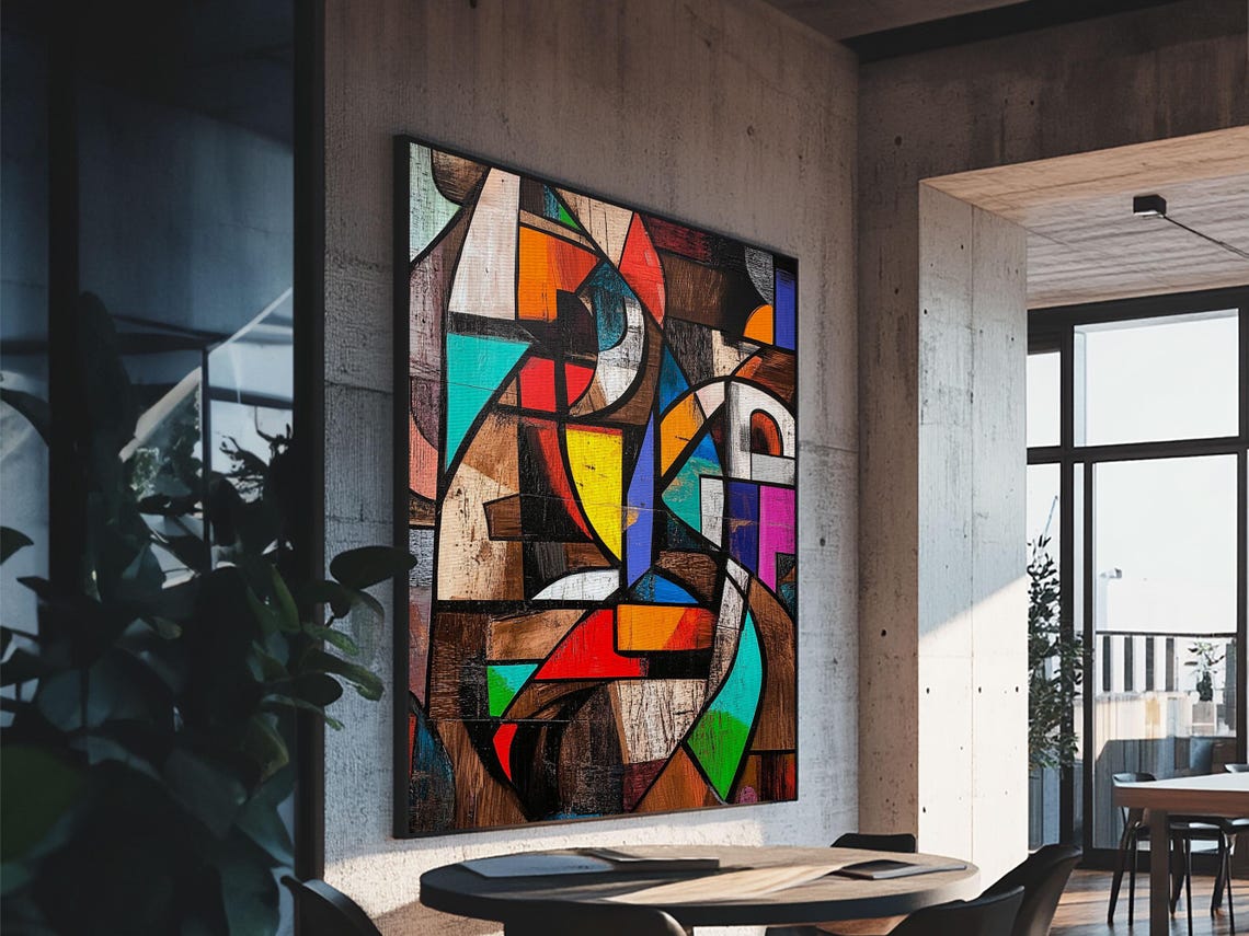 Geometric Framed Print With Stained Glass Effect Modern Wall Art Colorful Rustic Decor Gift Idea For Him Living Room Art - Image 6