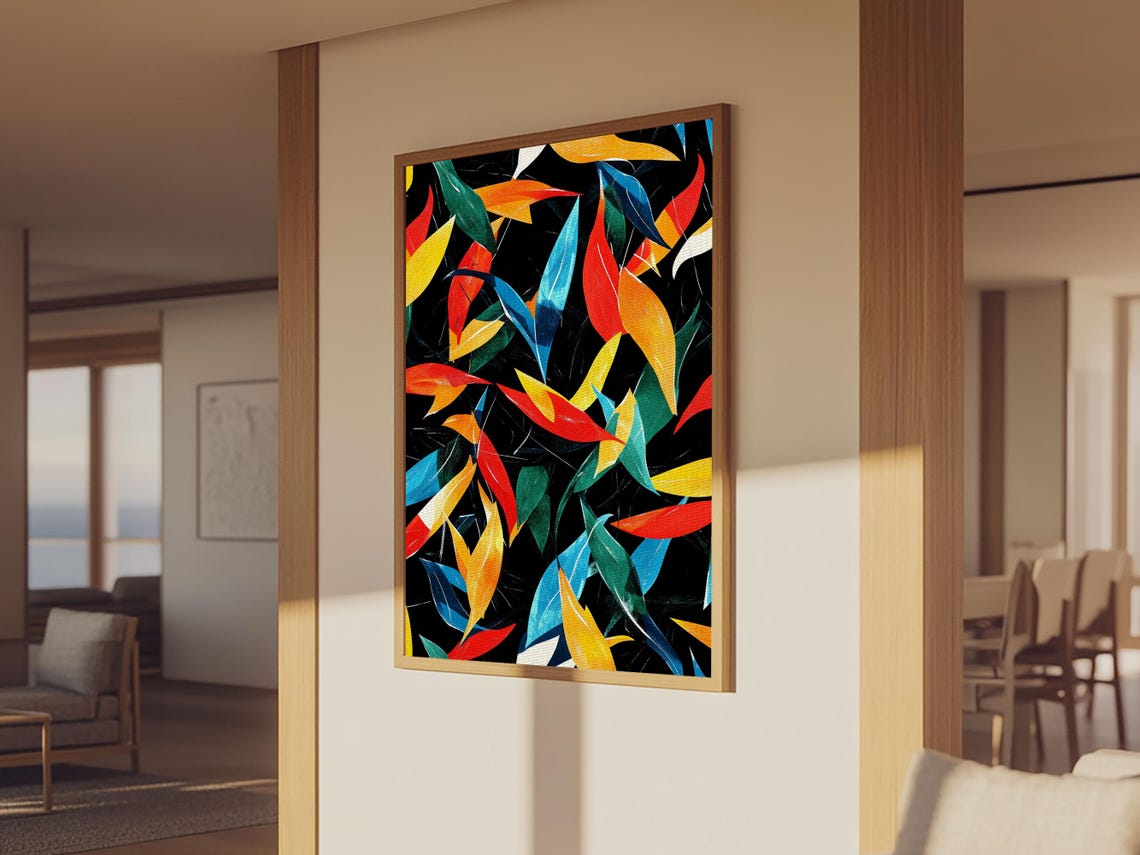 Colorful Autumn Leaves Pattern On Black Retro Mid Century Style Poster - Image 3