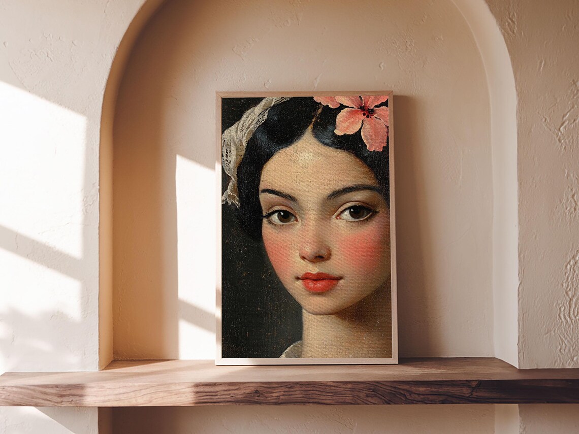 Vintage Mexicana Beauty Portrait Pink Hibiscus Flower Art Print - Image 6