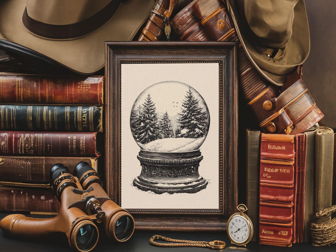 Vintage Snow Globe With Pine Trees Black Sketch Christmas Art Poster - Image 5