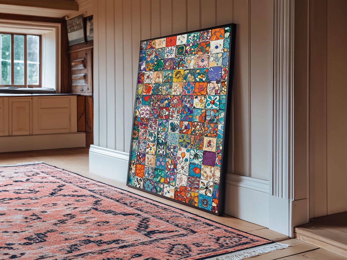 Colorful Floral Mosaic Squares Patchwork Boho Tile Art Print - Image 6
