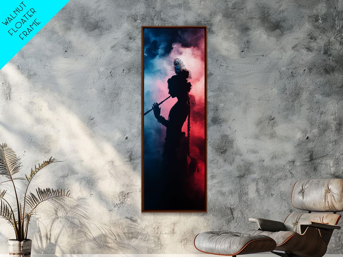 Krishna Playing Flute Silhouette Dramatic Hindu Deity Art Poster