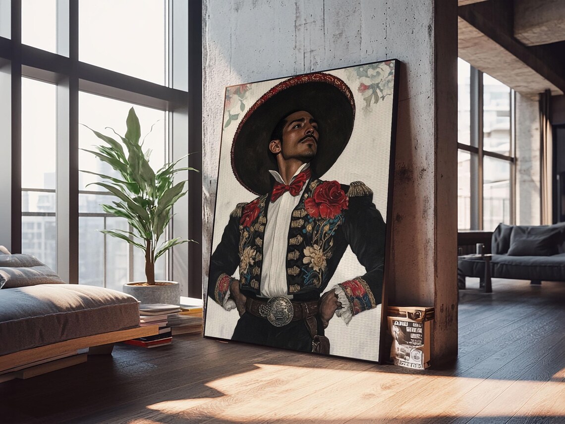 Charro Sombrero Portrait Red Bow Tie Embroidered Suit Mexican Heritage Wall Art - Image 3