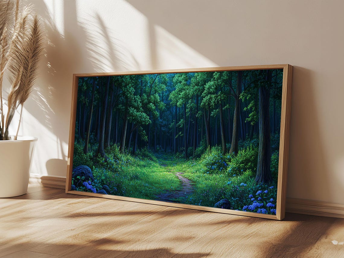 Lush Green Forest Path Wildflowers Tall Trees Landscape Poster - Image 3