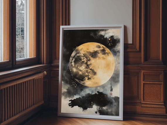 Watercolor Print Of A Full Moon Wood Framed Wall Art Print Moon And Stars Wall Art Vintage Decor Night Sky Wall Art
