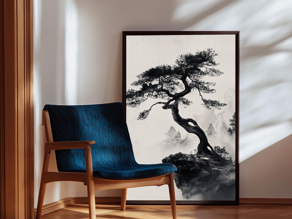 Bonsai Tree on a Cliff, Wabi-Sabi Japanese Art Print - Image 4