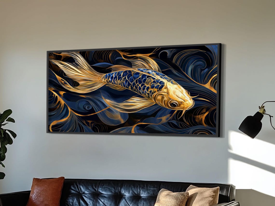 Golden Blue Koi Fish Flowing Fins Dark Elegant Asian Style Wall Art - Image 2