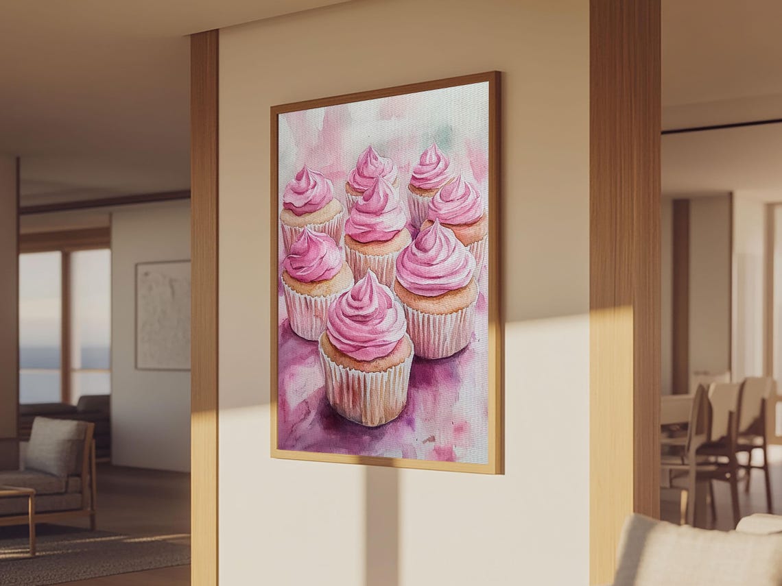 Pink Cupcake Art Print Kitchen Decor Dessert Illustration Rustic Artwork Food Review Kitchen Art Gift Idea For Her