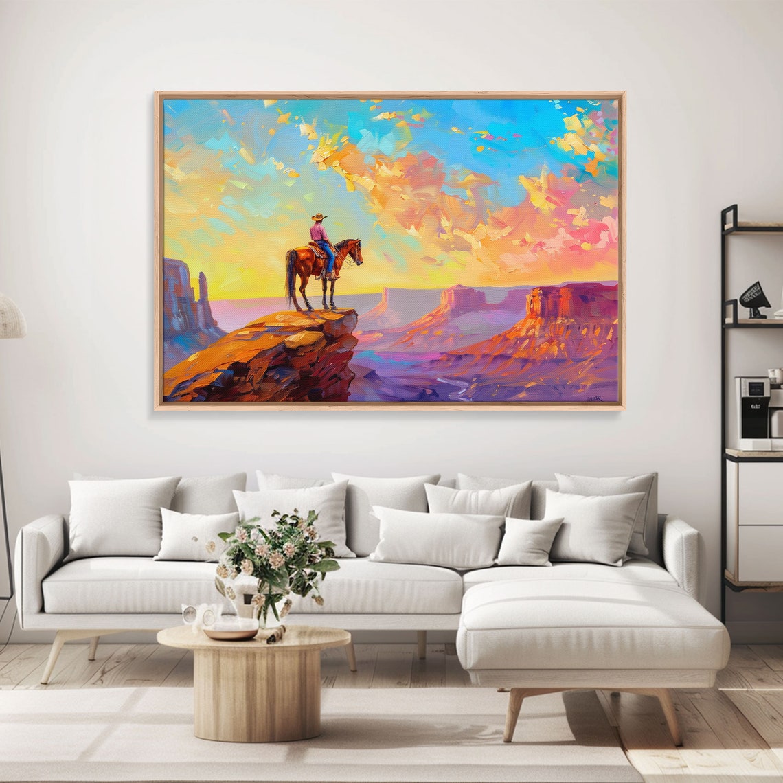 Cowboy On Horseback Canyon Cliff Sunset Western Landscape Poster - Image 3