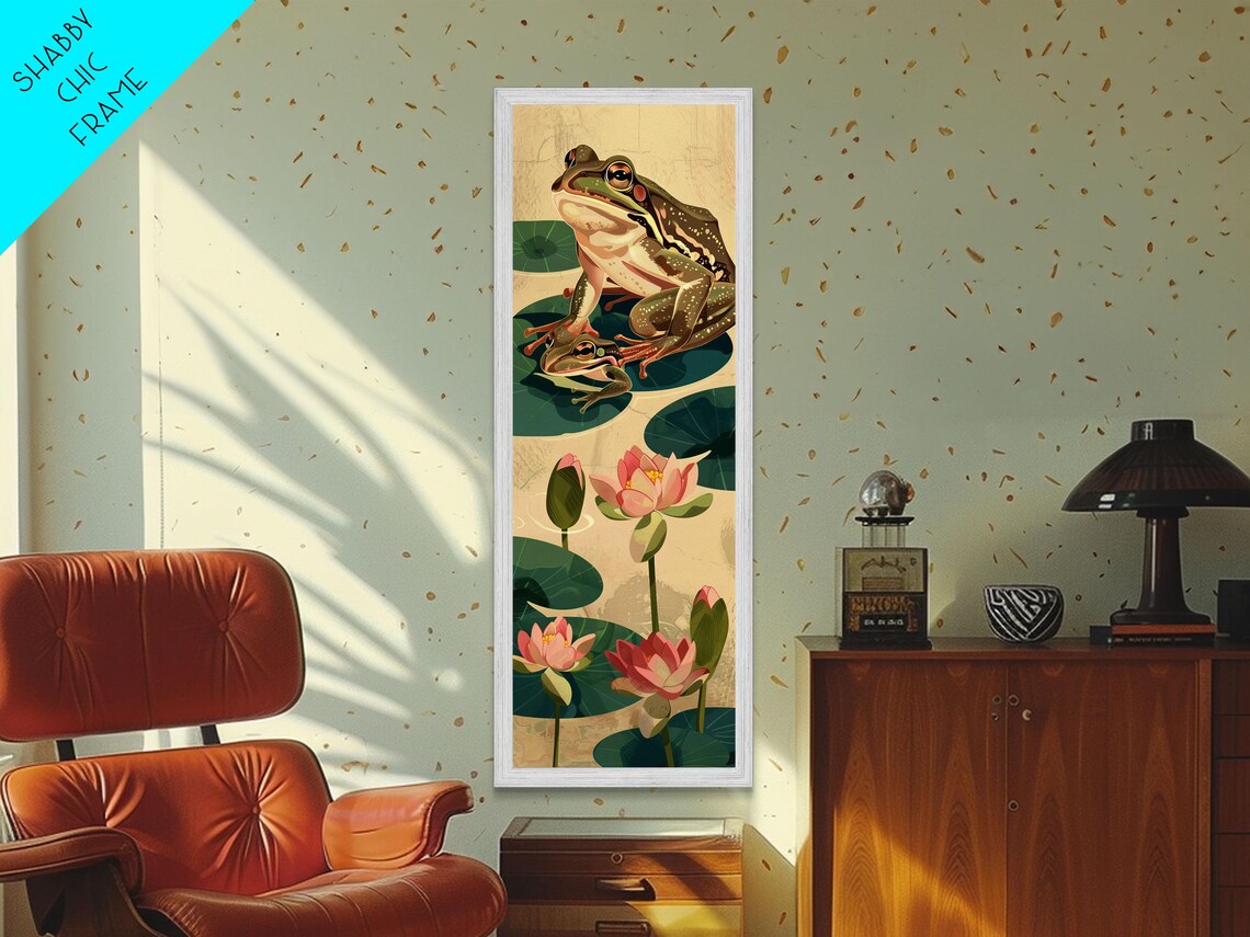 Green Frog Lily Pads Pink Lotus Flowers Pond Ukiyo E Art Poster - Image 3