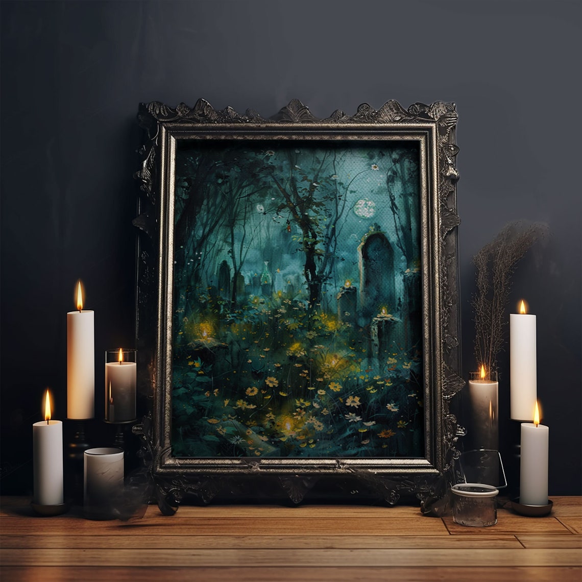 Haunted Forest Cemetery Moonlit Wildflowers Spooky Art Poster - Image 5
