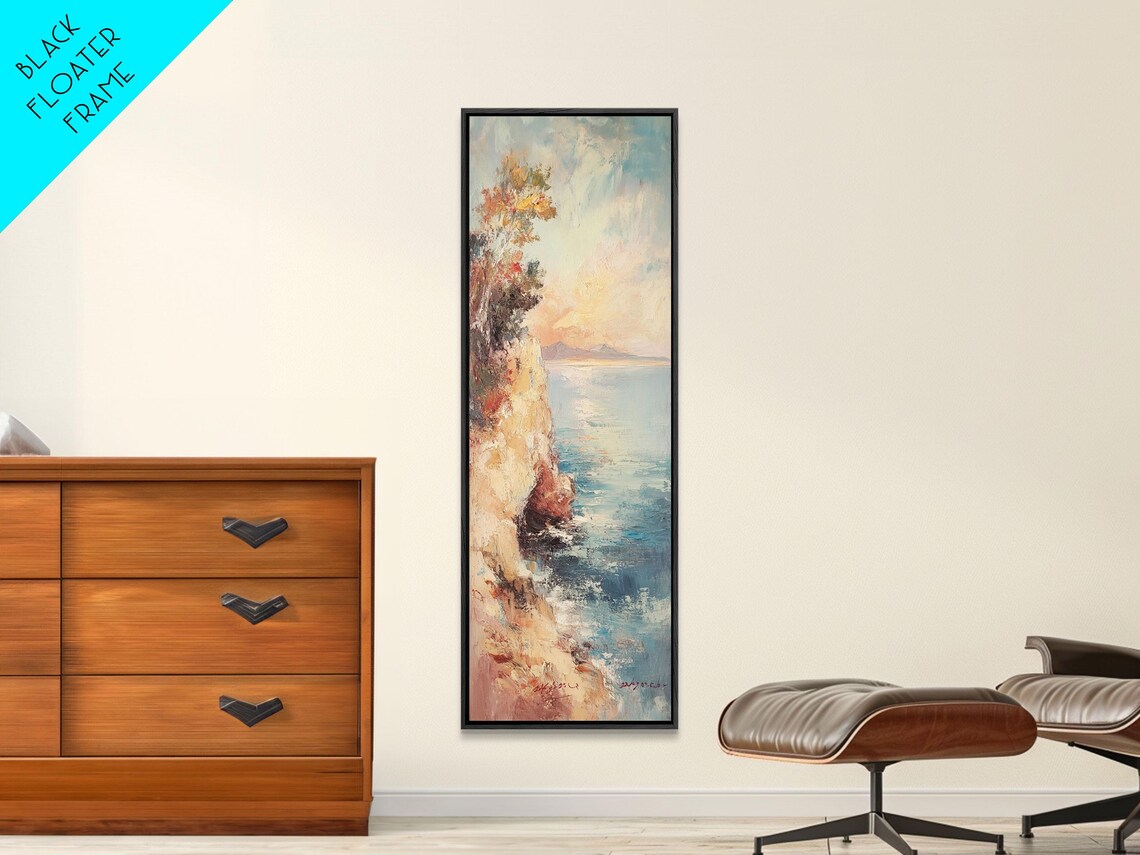 Sunset Over Rocky Coastal Cliff Seascape Oil Painting Travel Poster
