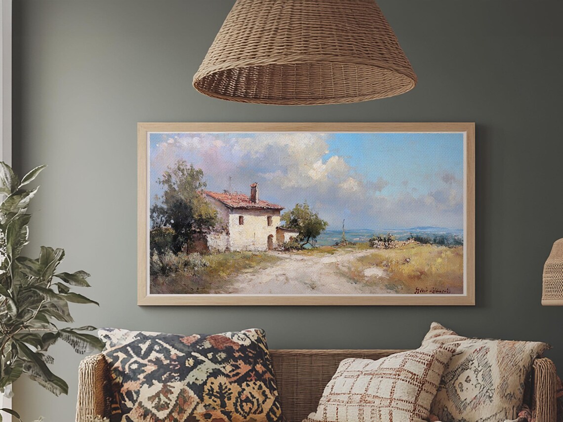 Italian Stone Cottage Red Tile Roof Sunny Field Countryside Oil Painting - Image 3