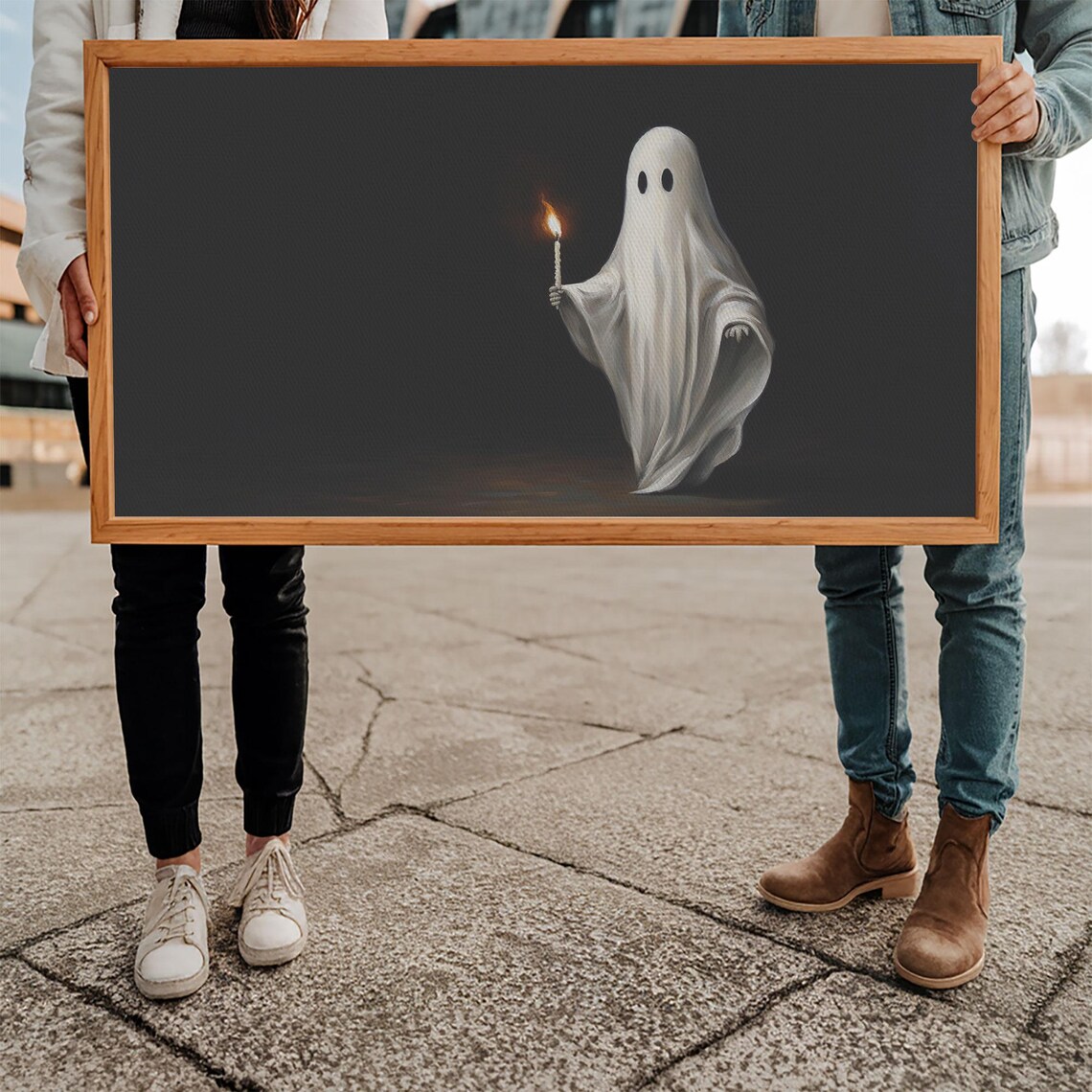 Cute Ghost Holding Candle Dark Background Oil Painting Halloween Poster - Image 5