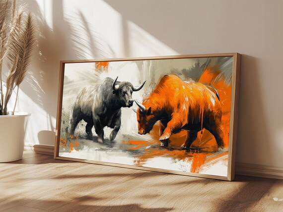 Bull And Bear Financial Market Art Rustic Orange Black Wall Decor Print
