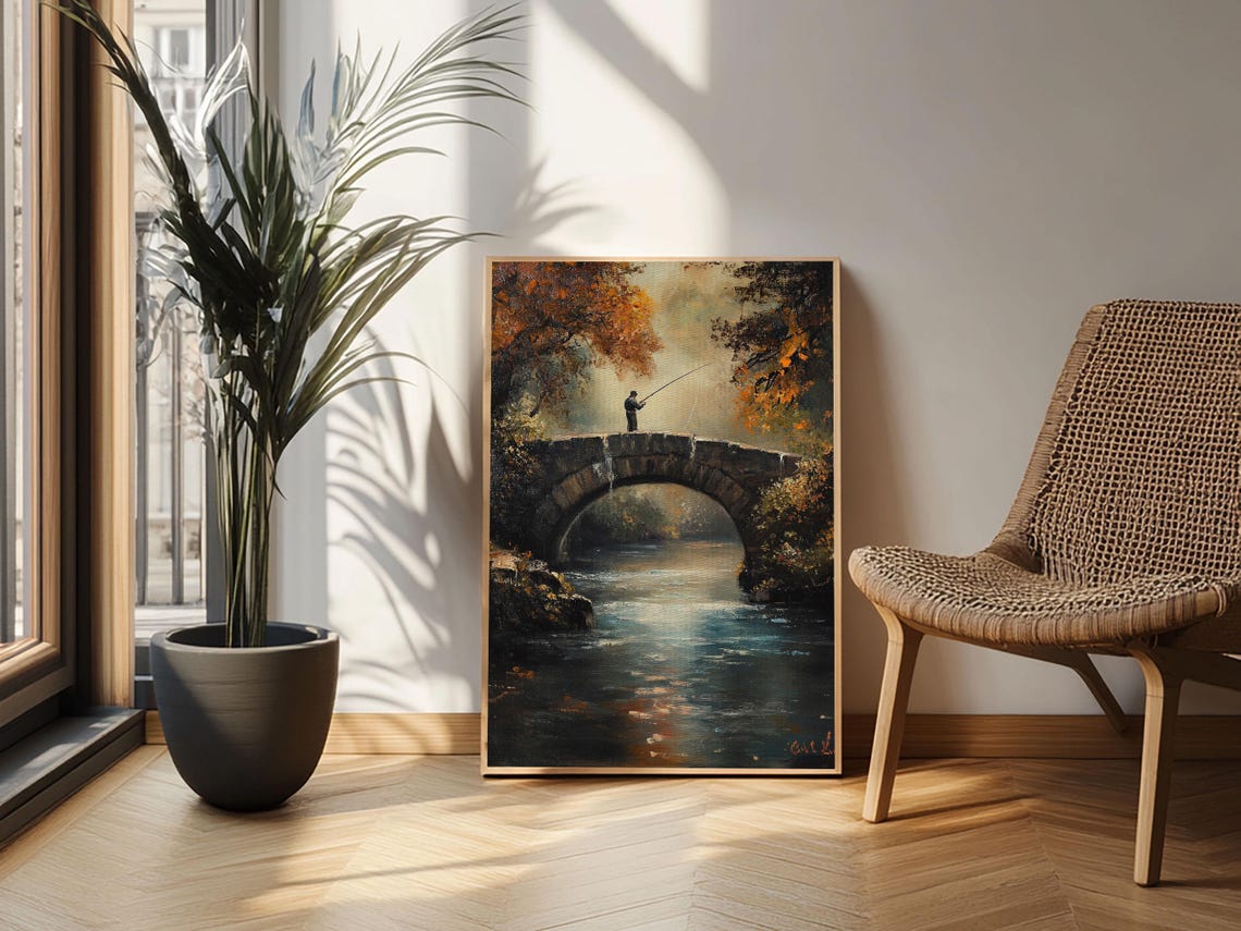 Fisherman Stone Bridge River Dusk Autumn Oil Painting Art Poster - Image 5