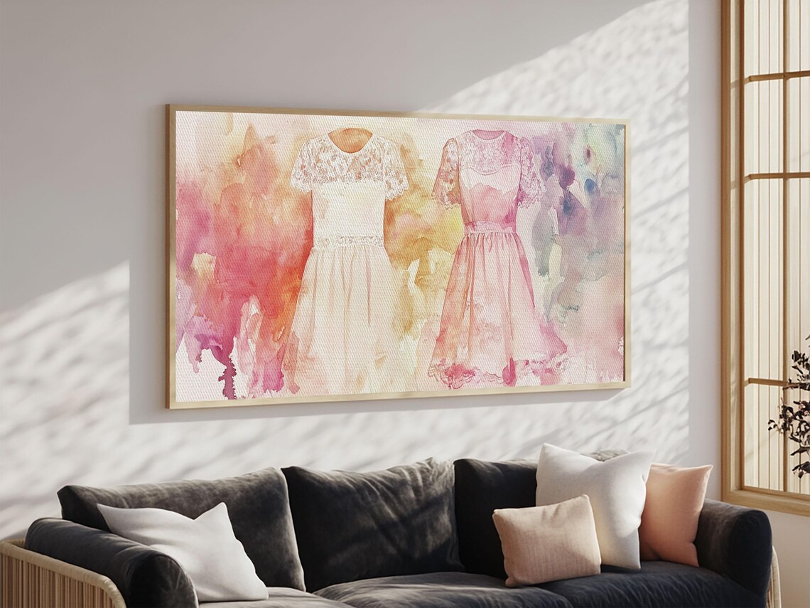 Pink Lace Dresses Watercolor Wide Horizontal Fashion Illustration Wall Art - Image 5