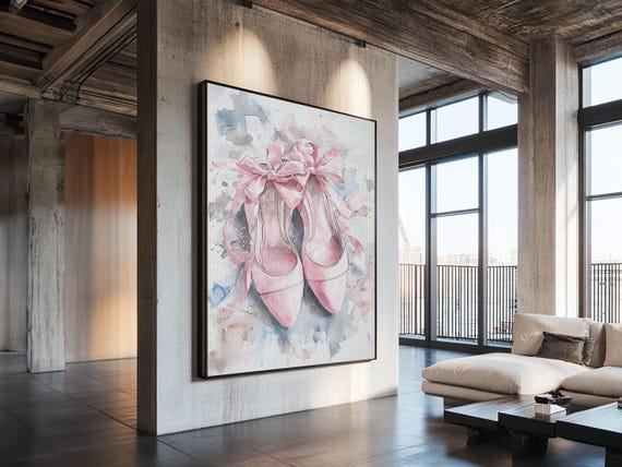 Pink Ribbon Ballet Shoes Watercolor Art Framed Print Cottagecore Feminine Bedroom Or Dance Studio Art Graceful Decor