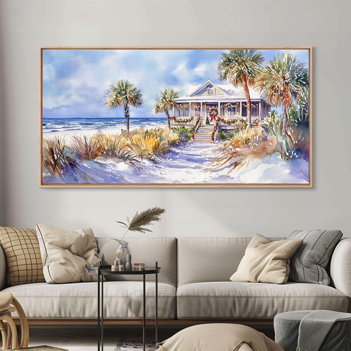 Sunny Tropical Beach House Christmas Palms Ocean Waves Art Print - Image 3