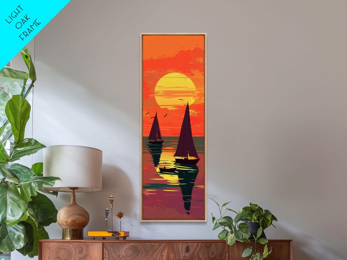 Sailing Boats Orange Sunset Golden Sun Seascape Ukiyo E Poster - Image 2