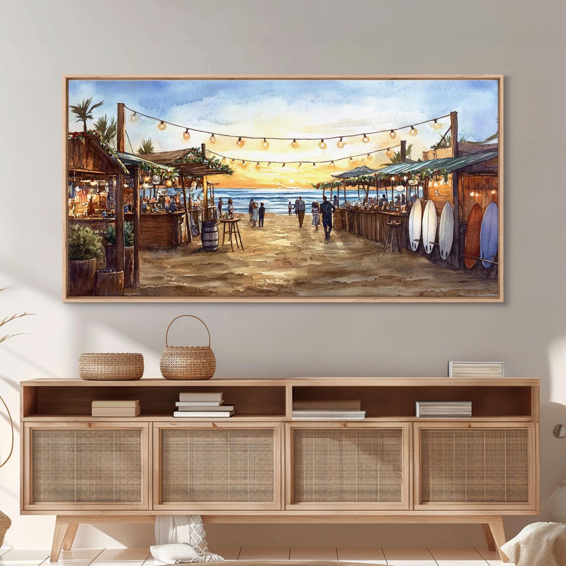 Beachside Christmas Market Sunset Boardwalk Stalls Surfboards Wall Art