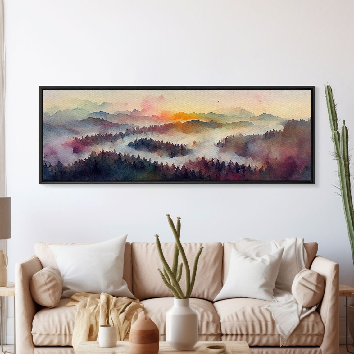 Watercolor Sunset Landscape, Panoramic Green Art Print