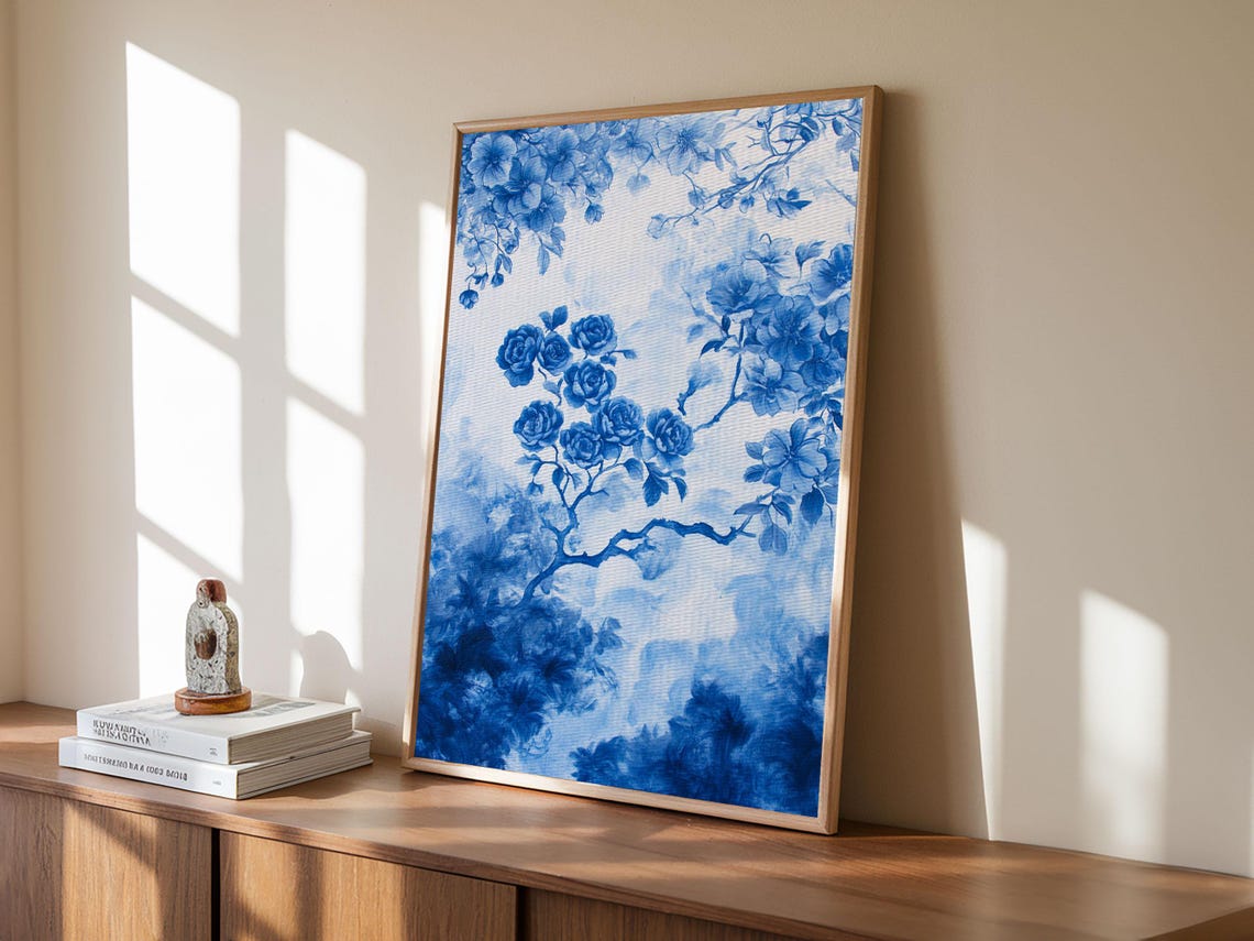 Blue And White Roses Chinoiserie Floral Watercolor Painting Print - Image 4