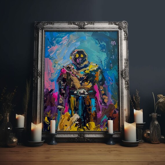Abstract Skeleton Warrior Glowing Eyes Colorful Impasto Art Poster