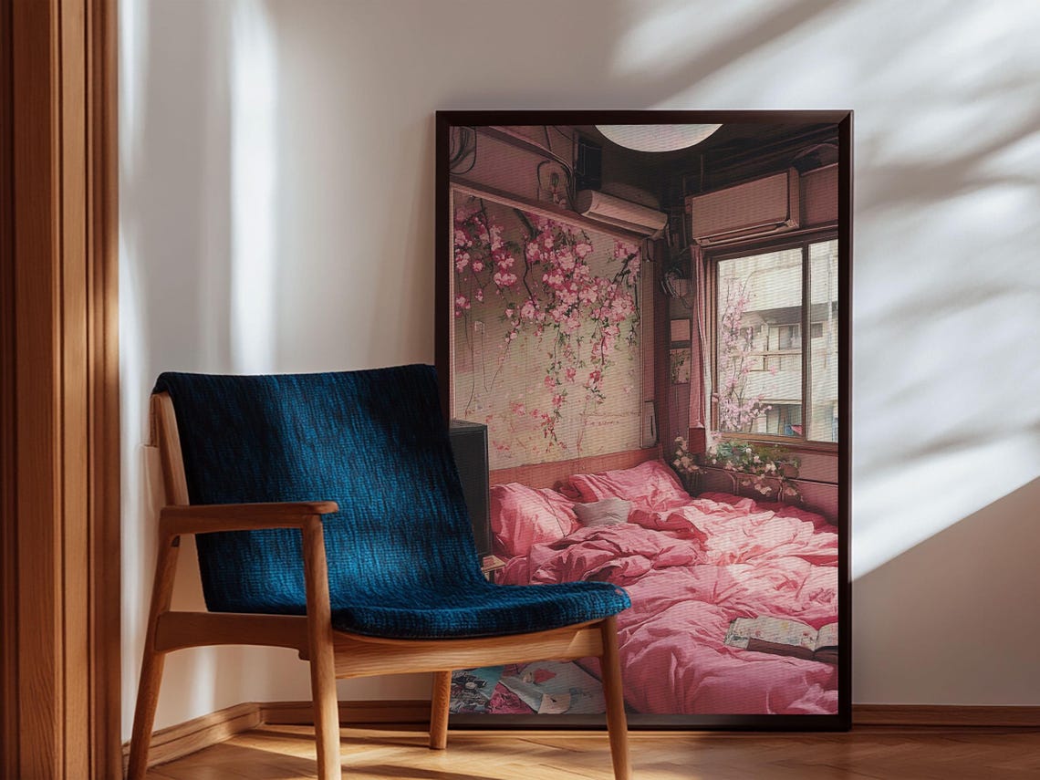 Cozy Pink Bedroom Cherry Blossom Dreamy Interior Room Art Wall Poster - Image 3