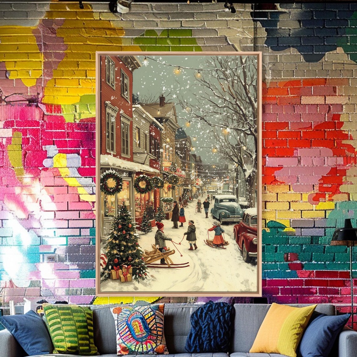 Vintage Christmas Town Scene, Winter Holiday Art Print - Image 5