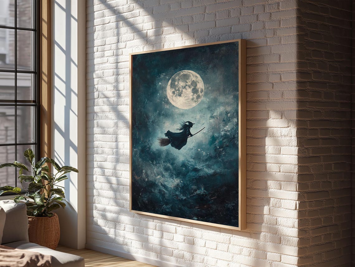 Witch Flying On Broom Under Full Moon Teal Night Sky Wall Art Print - Image 4