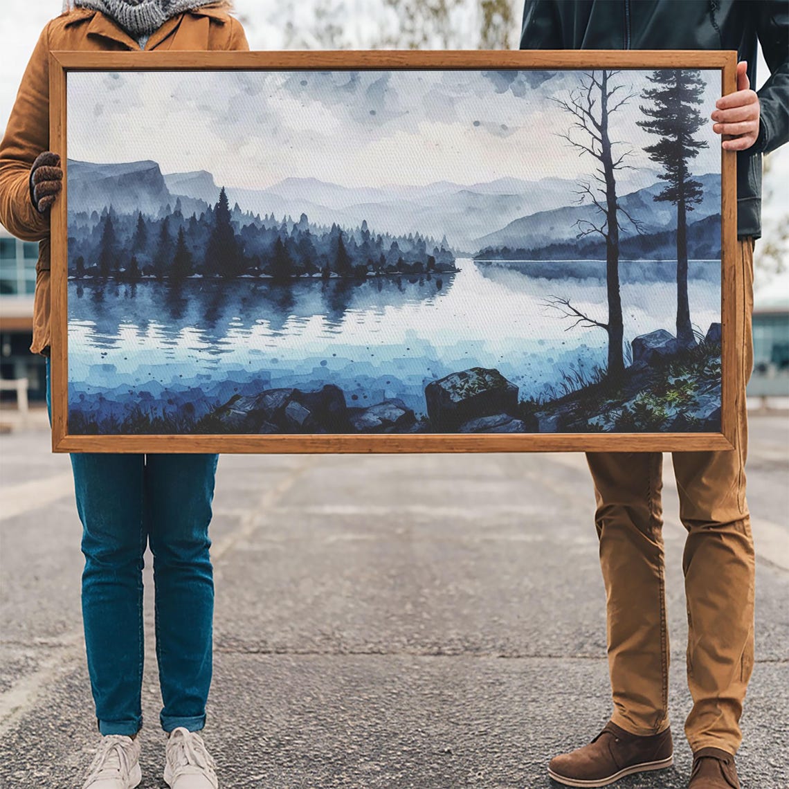 Blue Lagoon Watercolor Lake Misty Pine Mountains Calm Nature Poster - Image 3