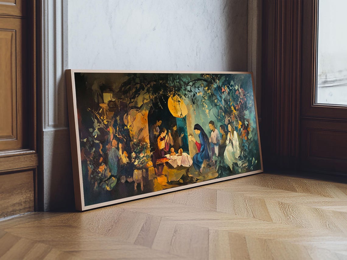 Nativity Stable Night Moonlight Jesus Manger Christian Art Poster - Image 2
