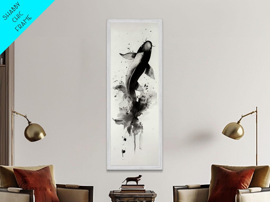 Black Ink Koi Fish Leaping Japanese Sumi E Style Wall Art Poster - Image 2