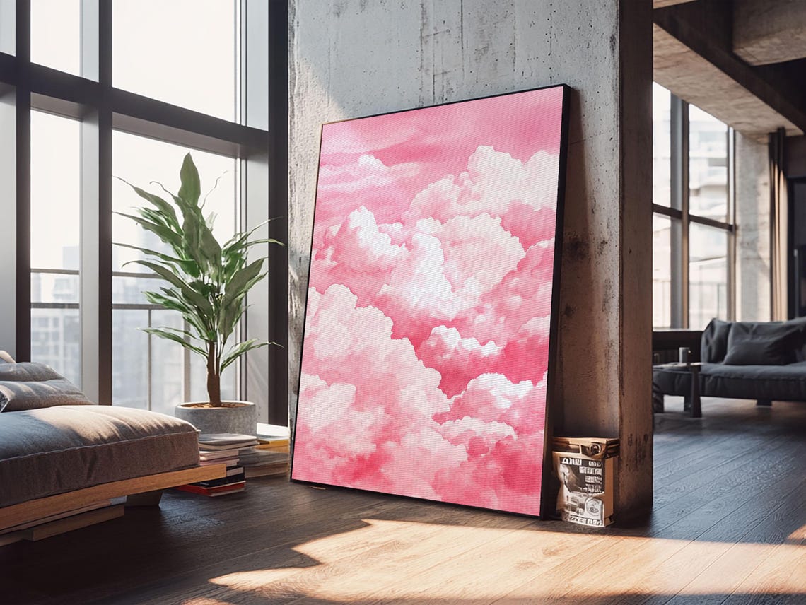 Pink Cloudscape Watercolor Fluffy Dreamy Sky Serene Bedroom Poster - Image 3