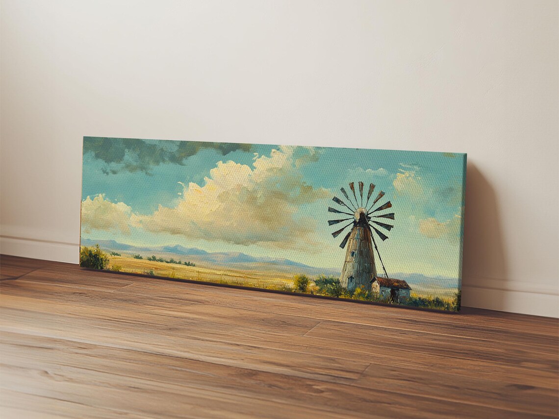 Scenic Windmill Landscape Framed Print Rustic Cottagecore Farmhouse Art Moody Southwest Decor Above Couch Wall Art Gift Idea - Image 2