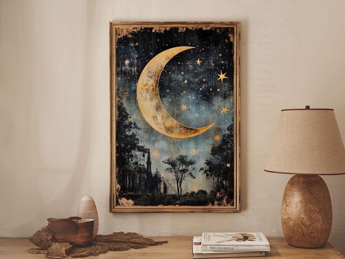 Golden Crescent Moon Stars Mystical Night Forest Sky Art Print - Image 6