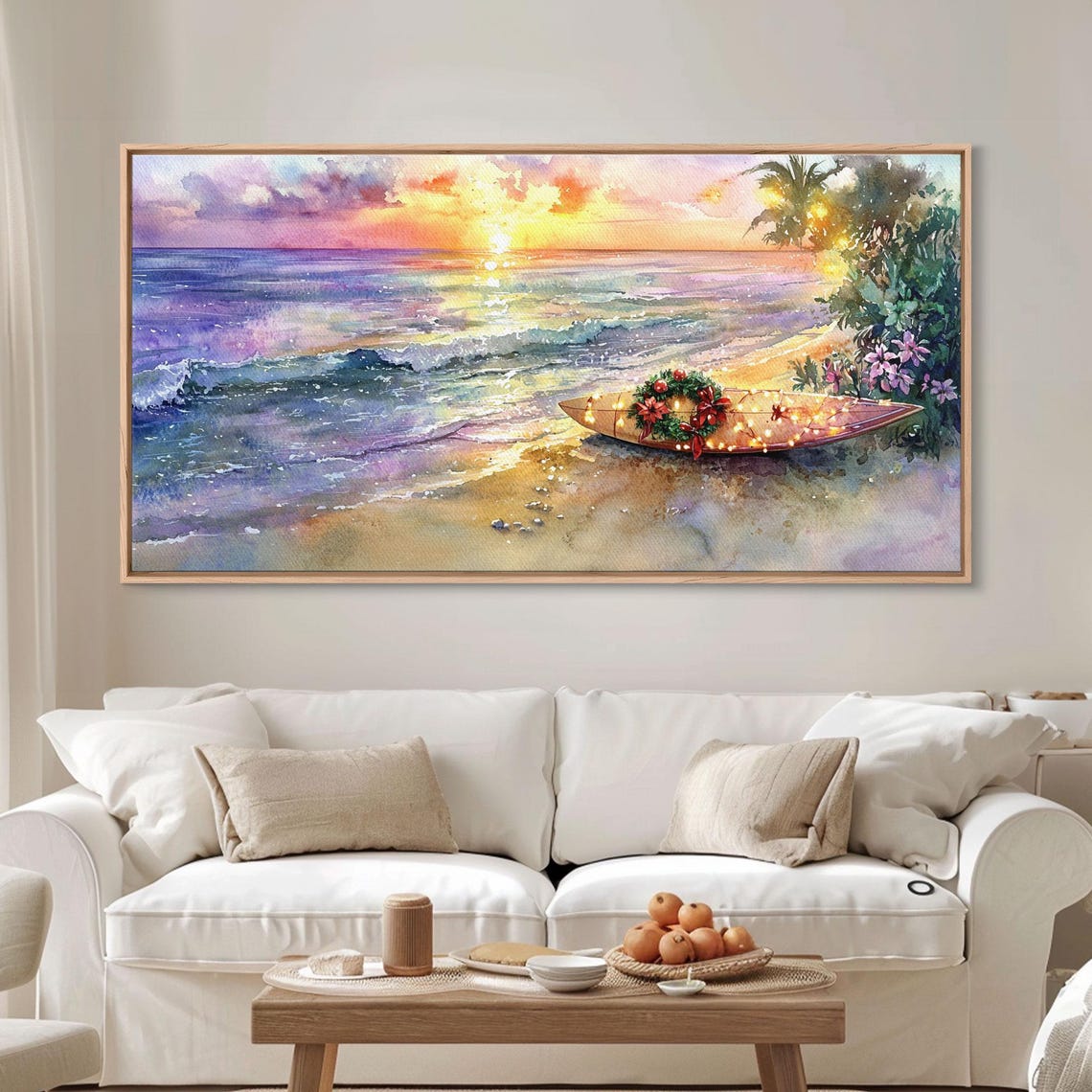 Christmas Surfboard Beach Sunset Wreath Lights Tropical Holiday Poster