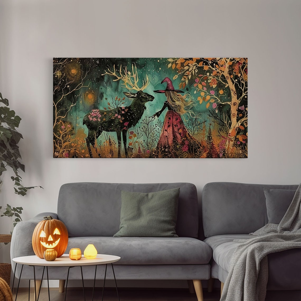 Victorian Witch With Deer Familiar In Starry Autumn Forest Art Print - Image 4