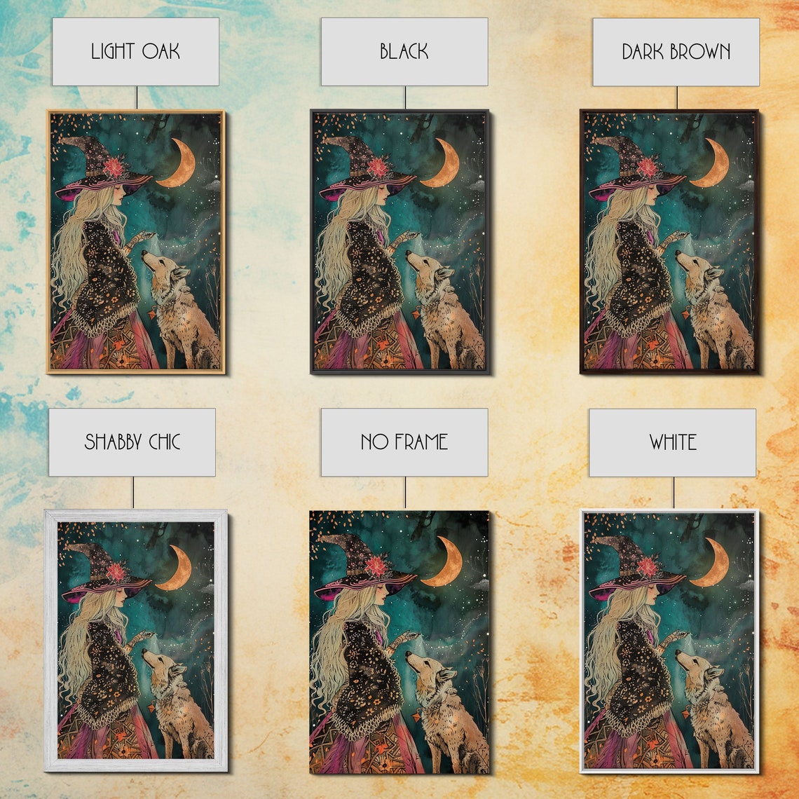 Mystical Witch With Wolf Under Crescent Moon Starry Night Poster - Image 3