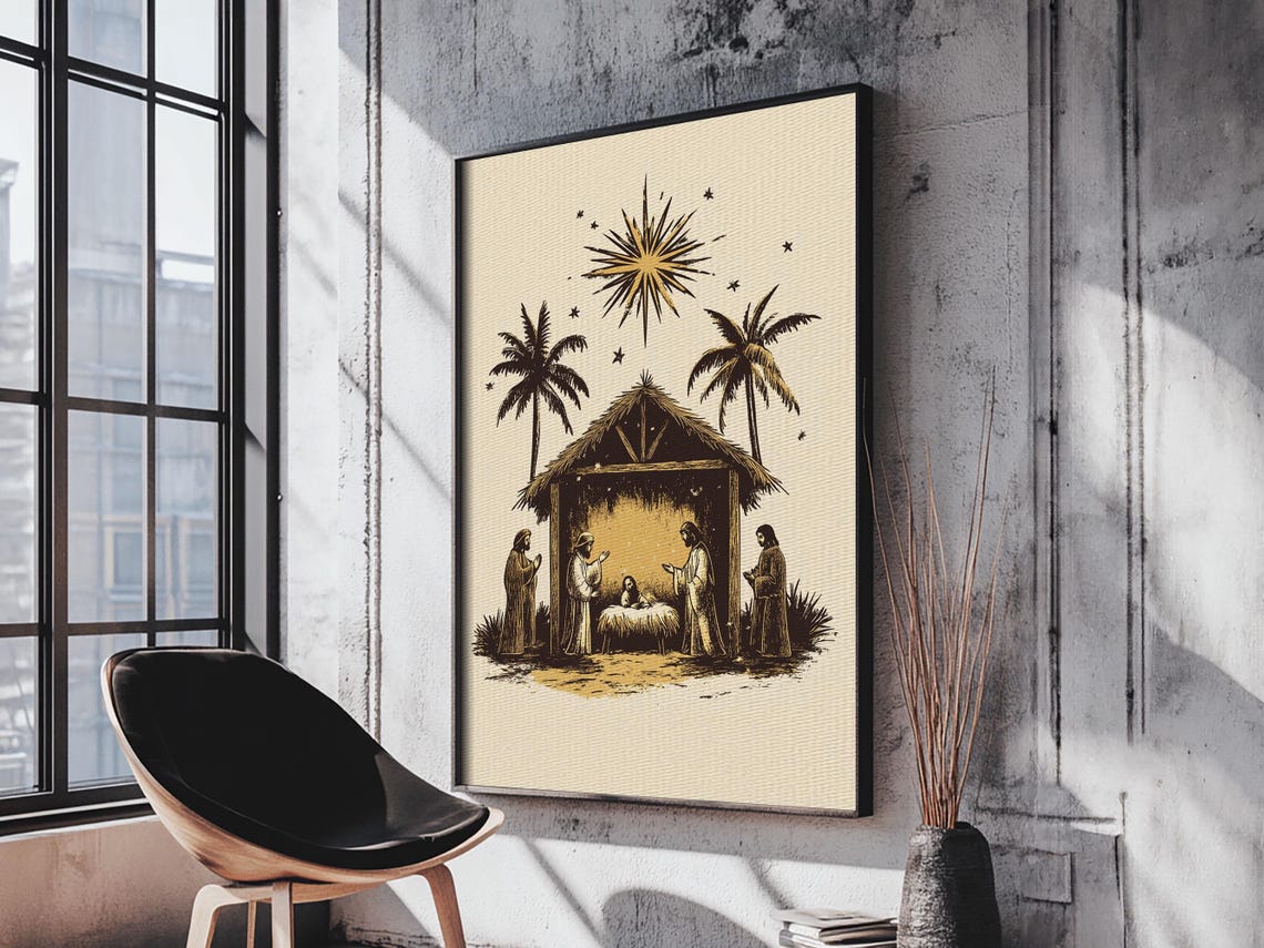 Vintage Nativity Scene Silhouette With Star Christmas Art Poster - Image 2